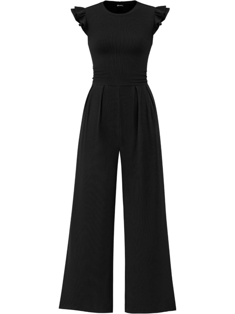 Women's Black Crewneck Jumpsuits Cap Sleeve Ruffle Ribbed Wide Leg Casual Romper